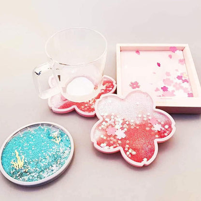Coaster Cup Mat Heat-Resistant Cup Pad Glitter Sakura Shape with Quicksand Reusable for Drink Table Kitchen Pink