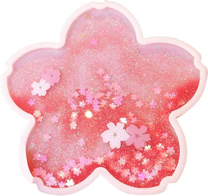 Coaster Cup Mat Heat-Resistant Cup Pad Glitter Sakura Shape with Quicksand Reusable for Drink Table Kitchen Pink