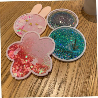 Coaster Cup Mat Heat-Resistant Cup Pad Glitter Sakura Shape with Quicksand Reusable for Drink Table Kitchen Pink