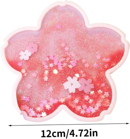 Coaster Cup Mat Heat-Resistant Cup Pad Glitter Sakura Shape with Quicksand Reusable for Drink Table Kitchen Pink