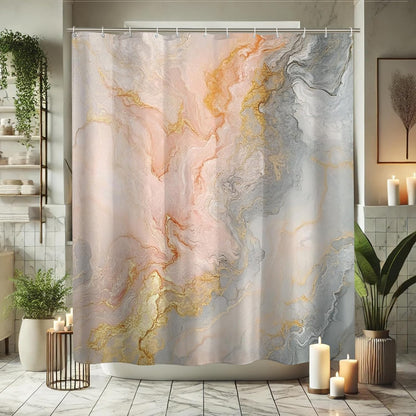 Abstract Marble Shower Curtain, Peach and Gray Bathroom Decor for Modern Aesthetic, Elegant Waterproof Fabric Shower Curtain Set with Hooks 62x72 Inch