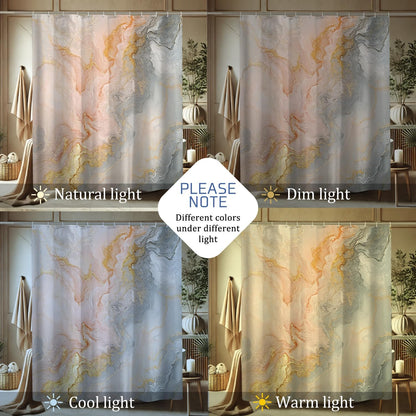 Abstract Marble Shower Curtain, Peach and Gray Bathroom Decor for Modern Aesthetic, Elegant Waterproof Fabric Shower Curtain Set with Hooks 62x72 Inch
