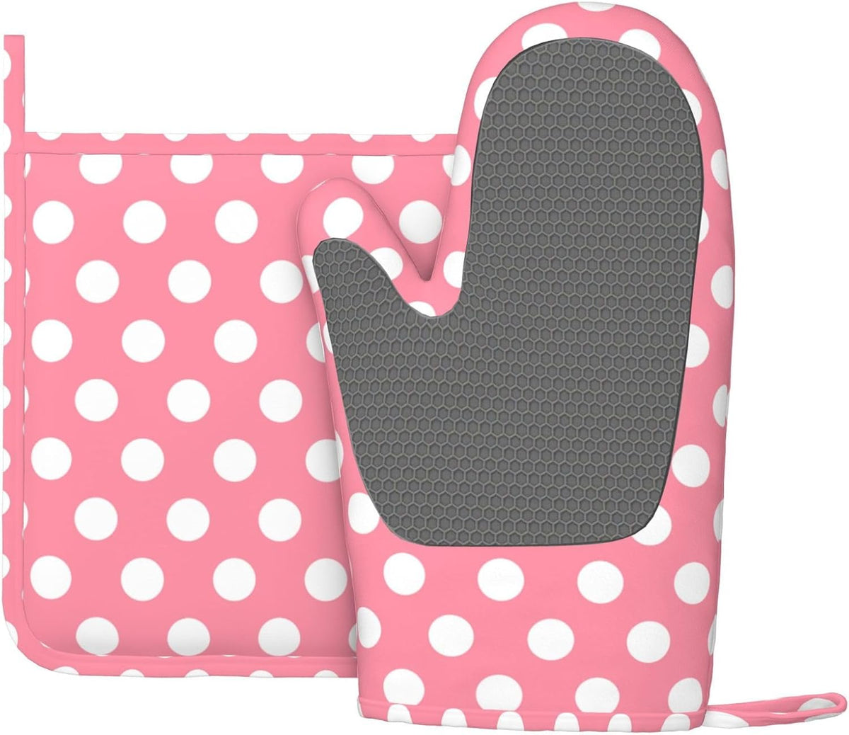 Light Pink Polka Dot Print (a) Oven Mitts and Pot Holders Sets - Heat Resistant Silicone Oven Mitts Pot Holders for Kitchen Cooking Baking, Non-Slip Ovens Gloves Hot Pads Potholders
