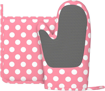 Light Pink Polka Dot Print (a) Oven Mitts and Pot Holders Sets - Heat Resistant Silicone Oven Mitts Pot Holders for Kitchen Cooking Baking, Non-Slip Ovens Gloves Hot Pads Potholders