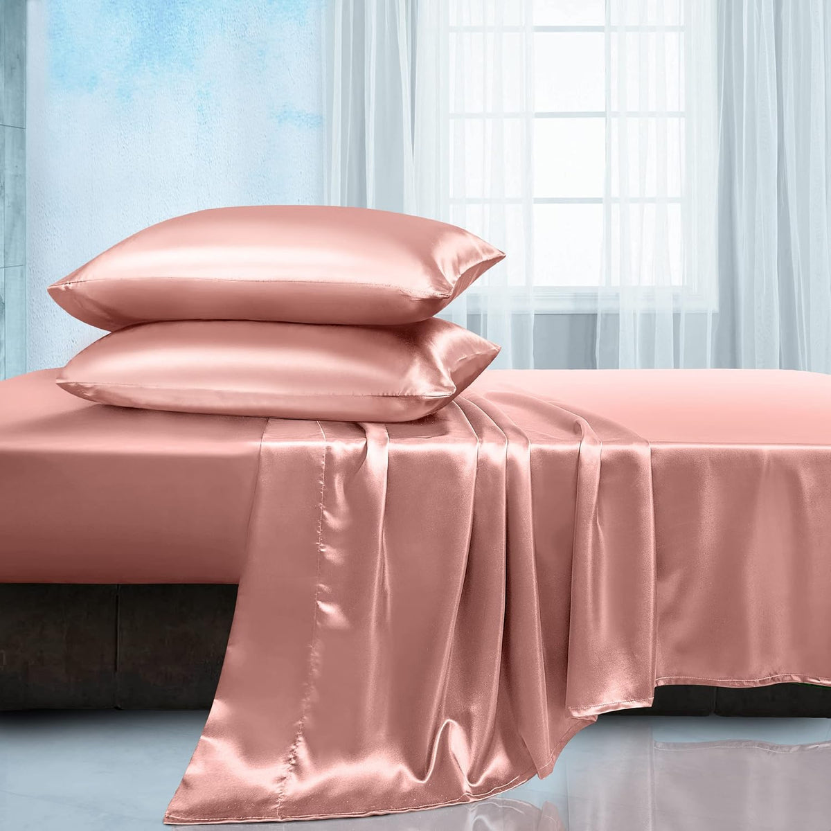 Rose Gold Satin Queen Sheets 4 Piece - Silky Cooling Bedding