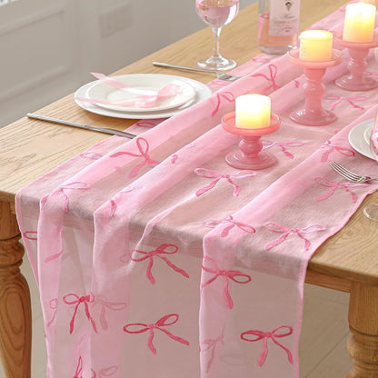 Embroidery Pink Bow Tulle Table Runner 9.2 ft Coquette Pink Cheesecloth Table Runner 110 Inch Gauze Boho Dining Decor for Wedding Birthday Baby Shower Christmas Valentine's Home Decor