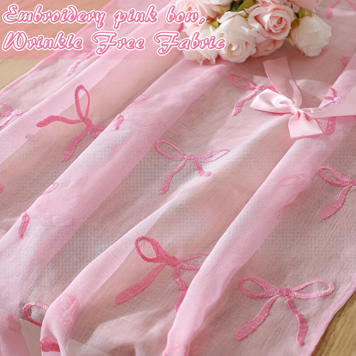 Embroidery Pink Bow Tulle Table Runner 9.2 ft Coquette Pink Cheesecloth Table Runner 110 Inch Gauze Boho Dining Decor for Wedding Birthday Baby Shower Christmas Valentine's Home Decor