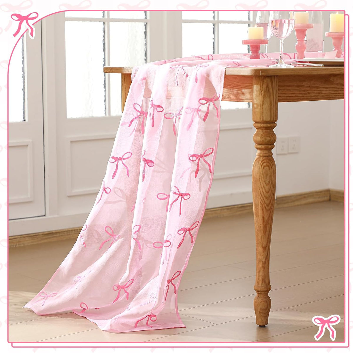 Embroidery Pink Bow Tulle Table Runner 9.2 ft Coquette Pink Cheesecloth Table Runner 110 Inch Gauze Boho Dining Decor for Wedding Birthday Baby Shower Christmas Valentine's Home Decor