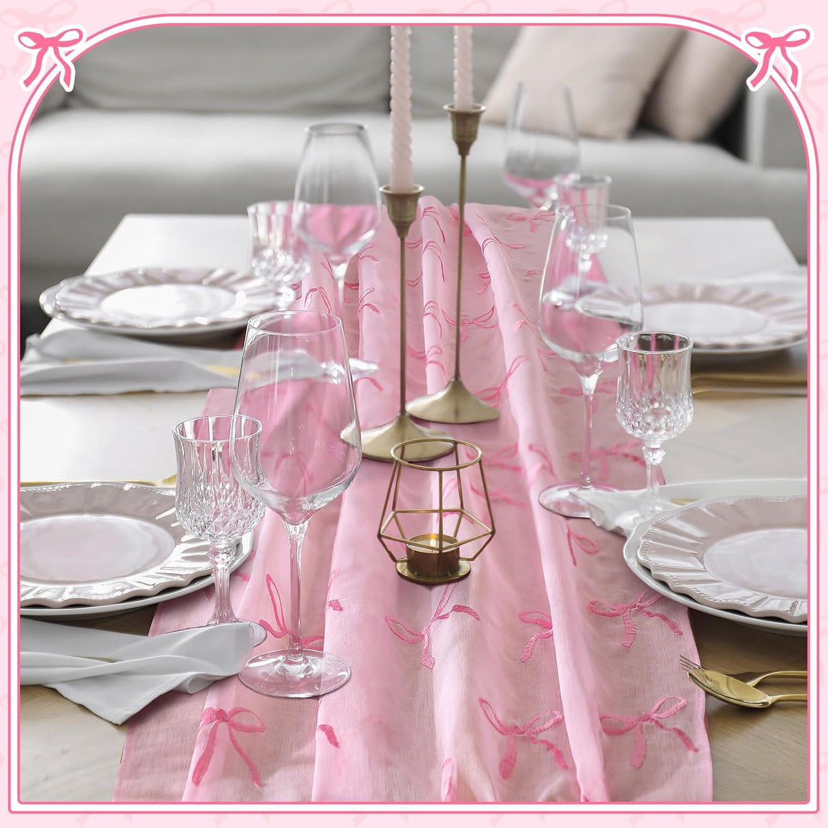 Embroidery Pink Bow Tulle Table Runner 9.2 ft Coquette Pink Cheesecloth Table Runner 110 Inch Gauze Boho Dining Decor for Wedding Birthday Baby Shower Christmas Valentine's Home Decor
