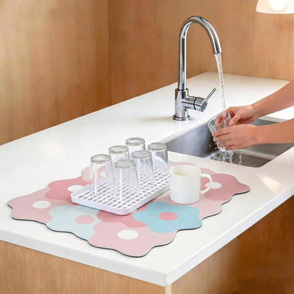 Dish Drying Mat for Kitchen Counter, Super Absorbent Pad Non-Slip Drain Pad Quick Dry Mats, Fast Drying Bar Mat for Dishes, Cups, Utensils, Flower Pattern, 20"x16" Pink
