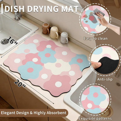 Dish Drying Mat for Kitchen Counter, Super Absorbent Pad Non-Slip Drain Pad Quick Dry Mats, Fast Drying Bar Mat for Dishes, Cups, Utensils, Flower Pattern, 20"x16" Pink
