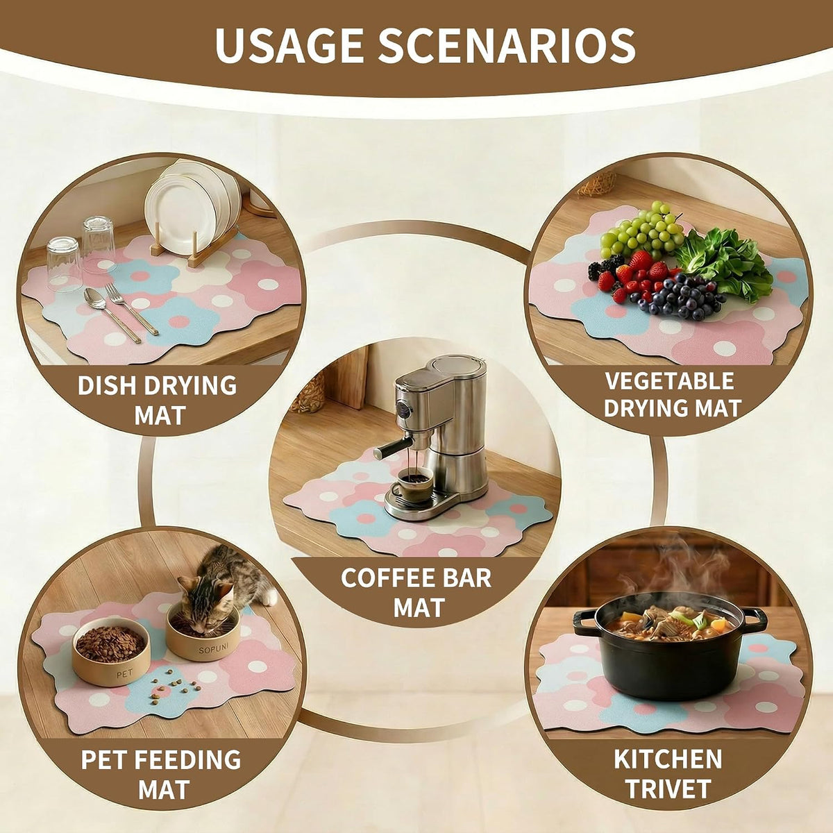 Dish Drying Mat for Kitchen Counter, Super Absorbent Pad Non-Slip Drain Pad Quick Dry Mats, Fast Drying Bar Mat for Dishes, Cups, Utensils, Flower Pattern, 20"x16" Pink