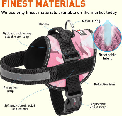 Dog Harness, Reflective No-Pull Adjustable Vest with Handle for Walking, Training, Breathable, No - Choke Harness for Small, Medium or Large Dogs Room for Patches Girth 15 to 18 in Pink Camo