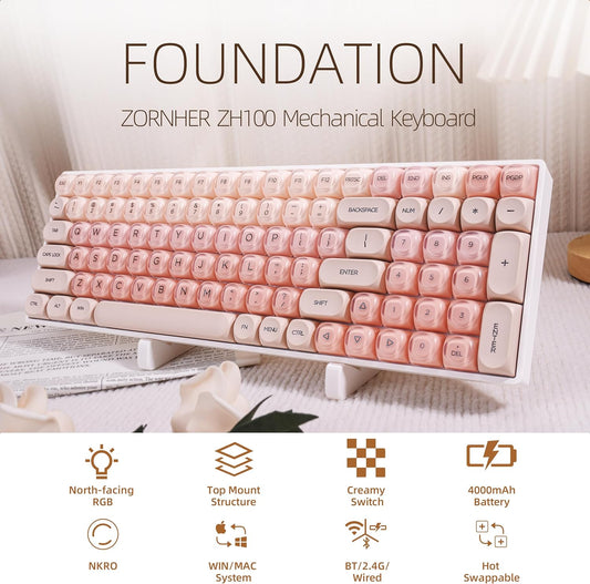 ZH100 Foundation Mechanical Keyboard,98% Pink Creamy Keyboard with Number Pad,Full Size Gaming Keyboard Cute,Jelly MOA Profile Round Keycaps,Creamy Sounding Linear Switches,PC Gaming