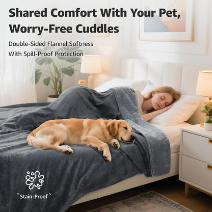 LOOBANI Waterproof Blanket for Bed: Reversible Soft Flannel Twin Bed Blanket 60" x 80", Leakproof Throw Spill-Proof Dog Pet Blanket for Couch Cover, Movie Time, Camping, Travel, Grey