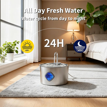 Cat Water Fountain Stainless Steel: 108oz/3.2L Cat Fountain for Drinking - Pet Water Fountains for Cats Indoor - Cat Water Bowl Dispenser - Pets Feeding & Watering Supplies - Water Level Window