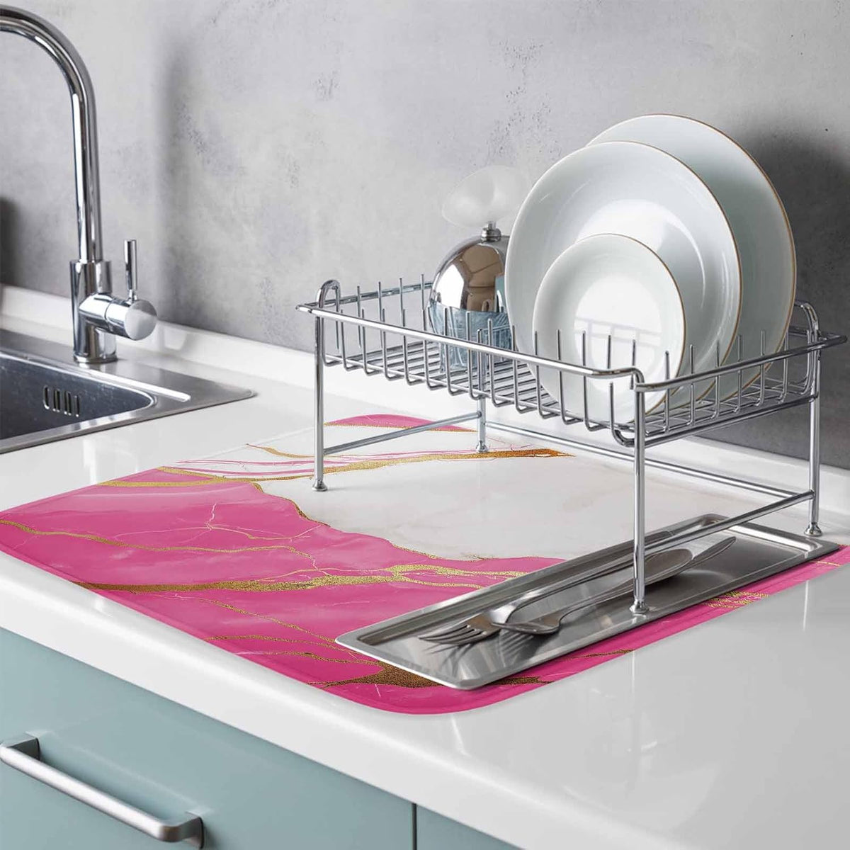 Dish Drying Mat Abstract Marble Kitchen Counter Drying Pad for Dishes Glasses Cups and Cookware Marble Pink Absorbent Dish Drying Mat Machine Washable Kitchen Accessories 2 Pack 18" x 24"
