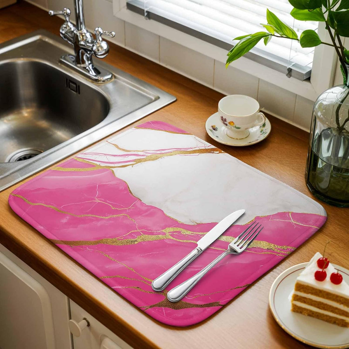 Dish Drying Mat Abstract Marble Kitchen Counter Drying Pad for Dishes Glasses Cups and Cookware Marble Pink Absorbent Dish Drying Mat Machine Washable Kitchen Accessories 2 Pack 18" x 24"