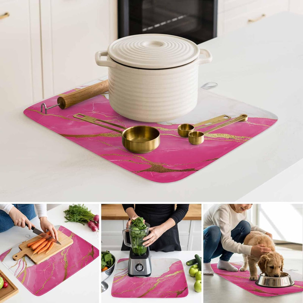 Dish Drying Mat Abstract Marble Kitchen Counter Drying Pad for Dishes Glasses Cups and Cookware Marble Pink Absorbent Dish Drying Mat Machine Washable Kitchen Accessories 2 Pack 18" x 24"