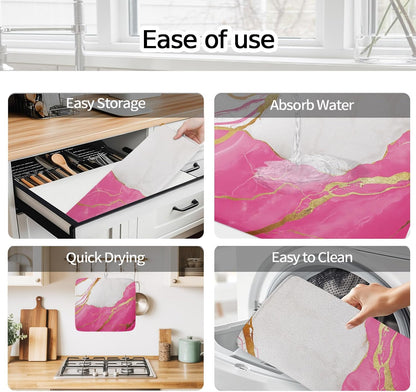 Dish Drying Mat Abstract Marble Kitchen Counter Drying Pad for Dishes Glasses Cups and Cookware Marble Pink Absorbent Dish Drying Mat Machine Washable Kitchen Accessories 2 Pack 18" x 24"