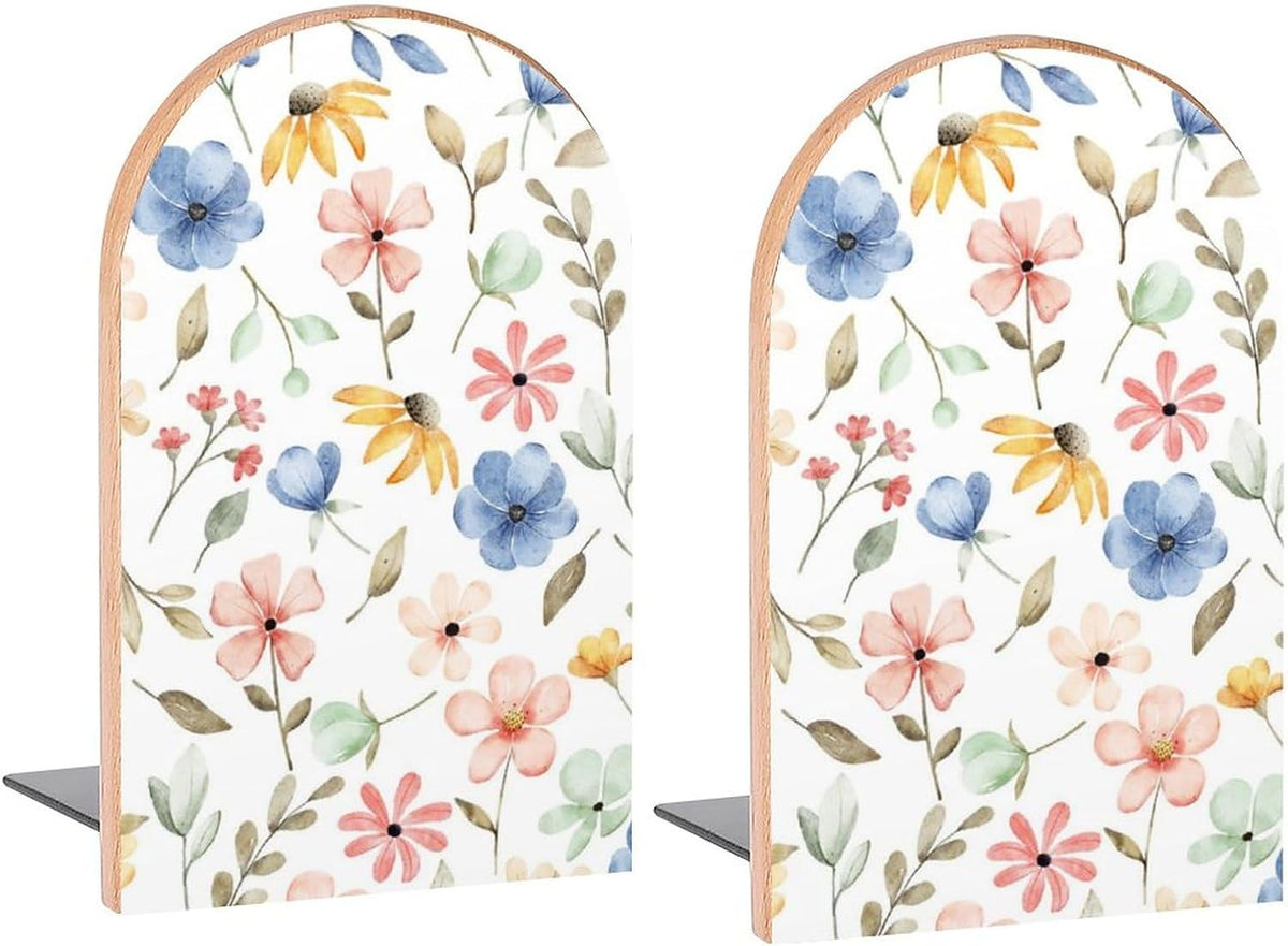 Seamless Flowers Blue Pink Book Ends Decorative Wood Bookends for Shelves Kids Room Desk Home Office Book Stoppers for Magazines,Books, DVDs, 1 Pair/2 Pieces(5x3.1 in)
