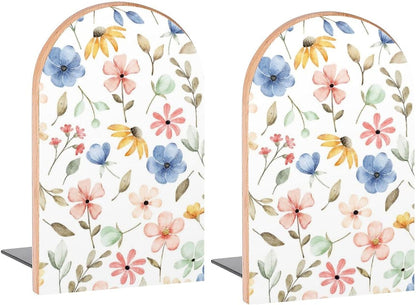 Seamless Flowers Blue Pink Book Ends Decorative Wood Bookends for Shelves Kids Room Desk Home Office Book Stoppers for Magazines,Books, DVDs, 1 Pair/2 Pieces(5x3.1 in)