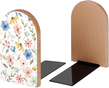 Seamless Flowers Blue Pink Book Ends Decorative Wood Bookends for Shelves Kids Room Desk Home Office Book Stoppers for Magazines,Books, DVDs, 1 Pair/2 Pieces(5x3.1 in)