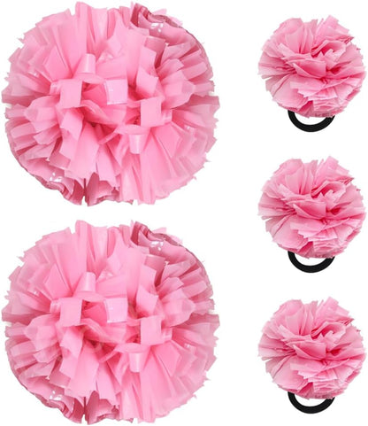 5PCS Cheerleading Pom Poms and Cheerleader Hair Ties with Poms for Sports Spirits Adults Basketball Football Birthday Performance