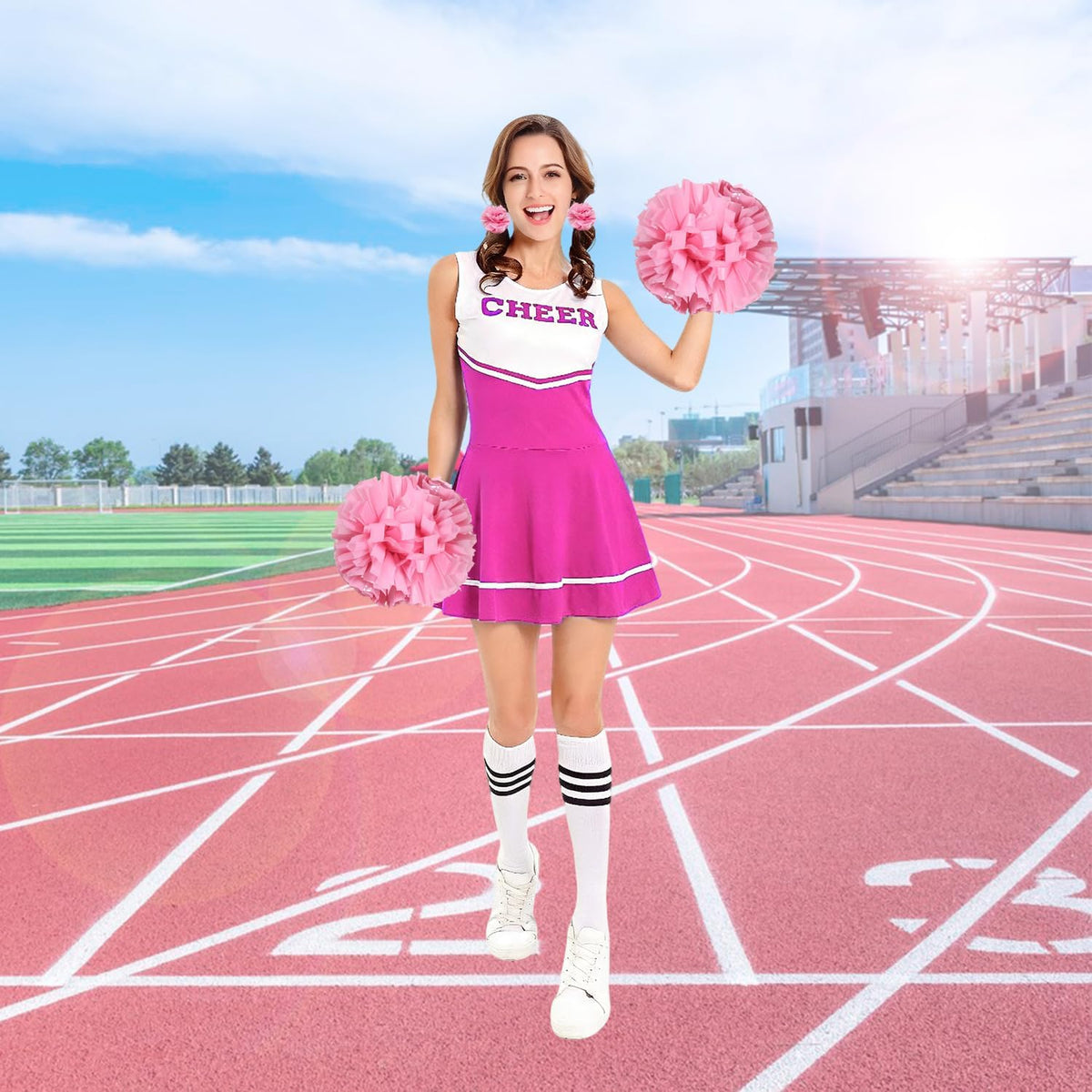 5PCS Cheerleading Pom Poms and Cheerleader Hair Ties with Poms for Sports Spirits Adults Basketball Football Birthday Performance