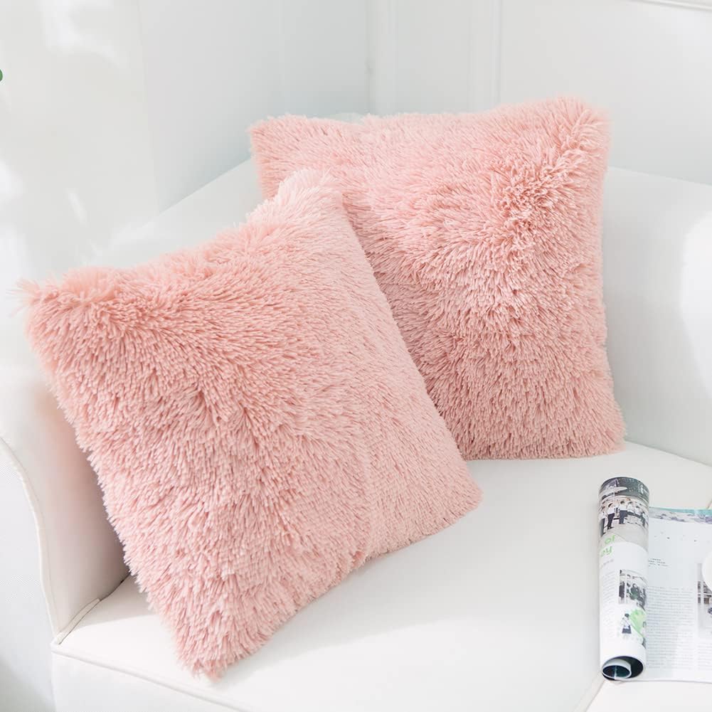 Luxury Soft Faux Fur Fleece Cushion Cover Pillowcase Decorative Throw Pillows Covers, Valentines Day Gift No Pillow Insert, 18" x 18" Inch, Pink, 2 Pack