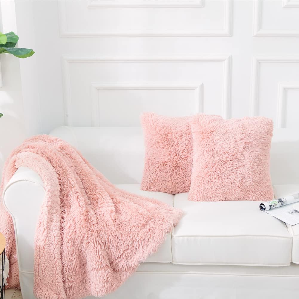 Luxury Soft Faux Fur Fleece Cushion Cover Pillowcase Decorative Throw Pillows Covers, Valentines Day Gift No Pillow Insert, 18" x 18" Inch, Pink, 2 Pack