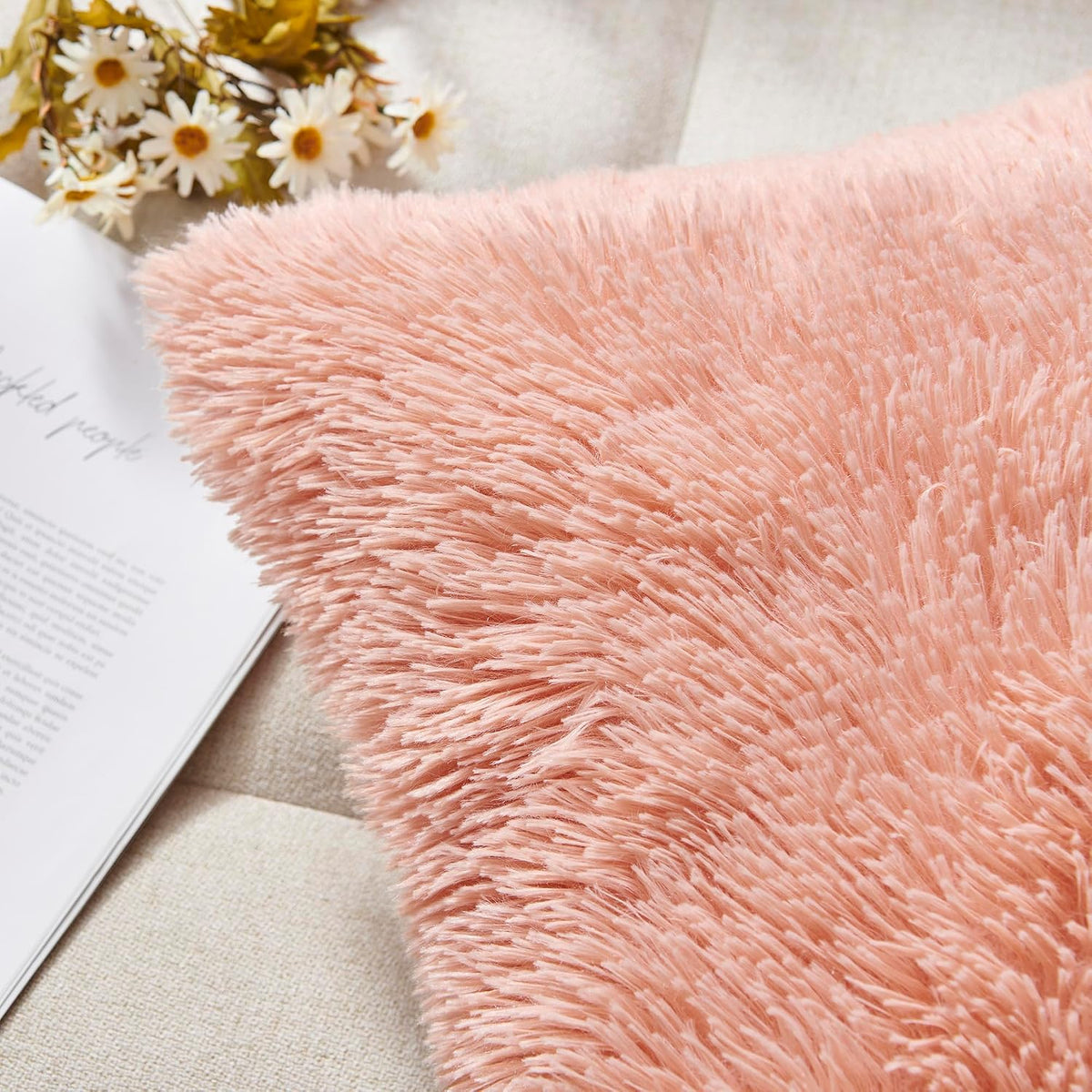 Luxury Soft Faux Fur Fleece Cushion Cover Pillowcase Decorative Throw Pillows Covers, Valentines Day Gift No Pillow Insert, 18" x 18" Inch, Pink, 2 Pack