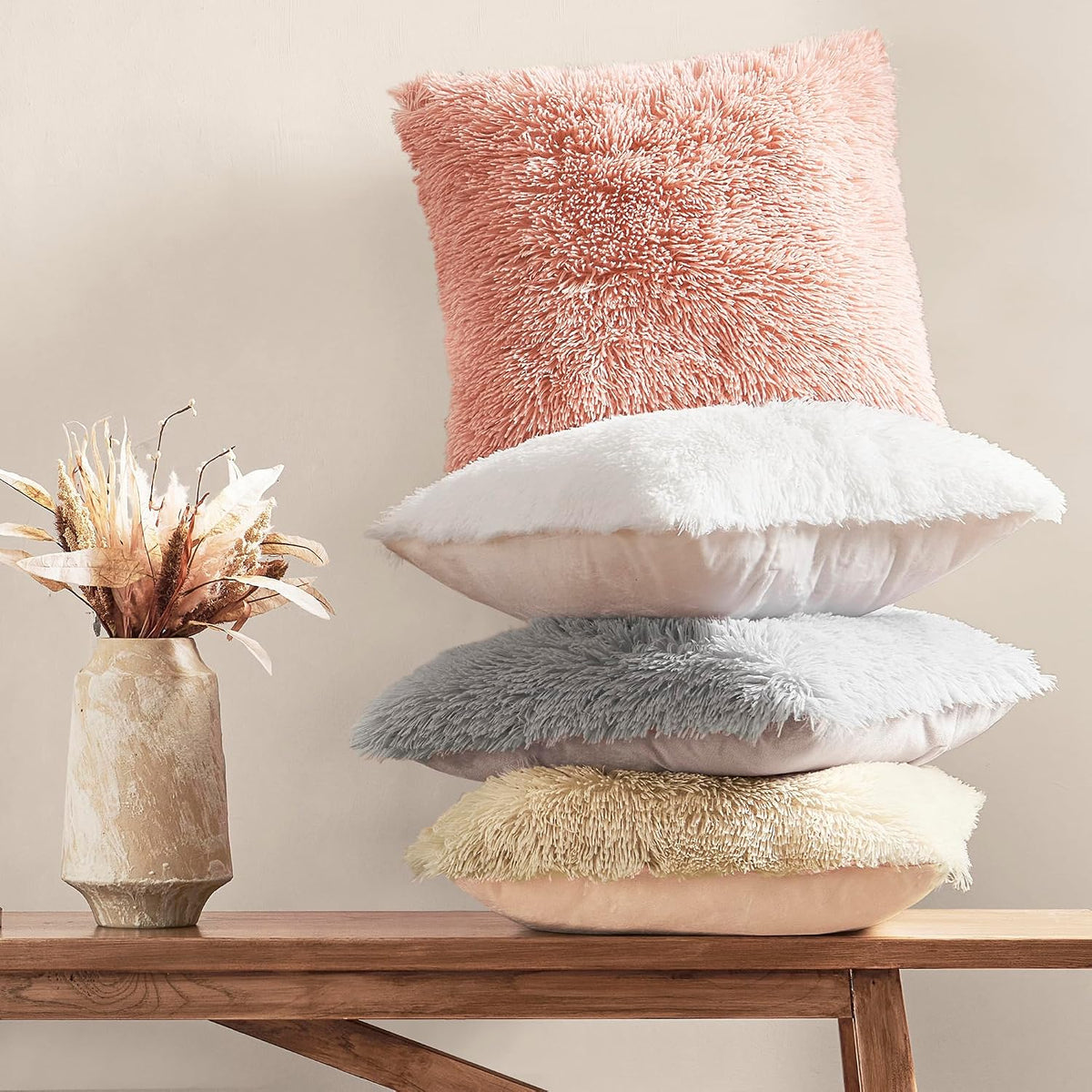 Luxury Soft Faux Fur Fleece Cushion Cover Pillowcase Decorative Throw Pillows Covers, Valentines Day Gift No Pillow Insert, 18" x 18" Inch, Pink, 2 Pack