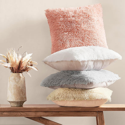 Luxury Soft Faux Fur Fleece Cushion Cover Pillowcase Decorative Throw Pillows Covers, Valentines Day Gift No Pillow Insert, 18" x 18" Inch, Pink, 2 Pack