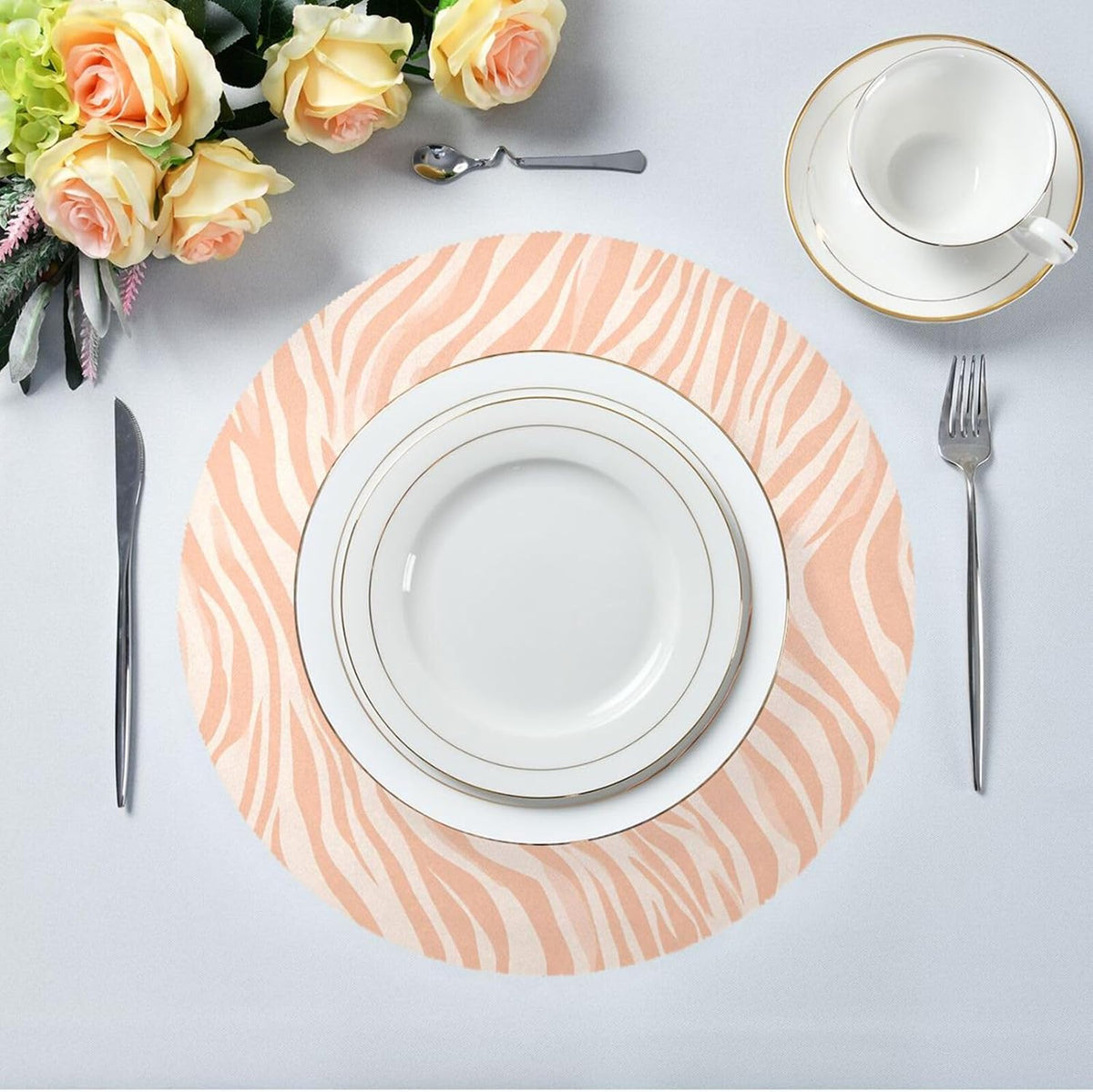 Round Placemats Pattern Peach Zebra Print Table Mats Washable Non-Slip Heat Resistant Place Mats for Dining Table Home Decoration Tray Mat 15.4"X15.4", Set of 1