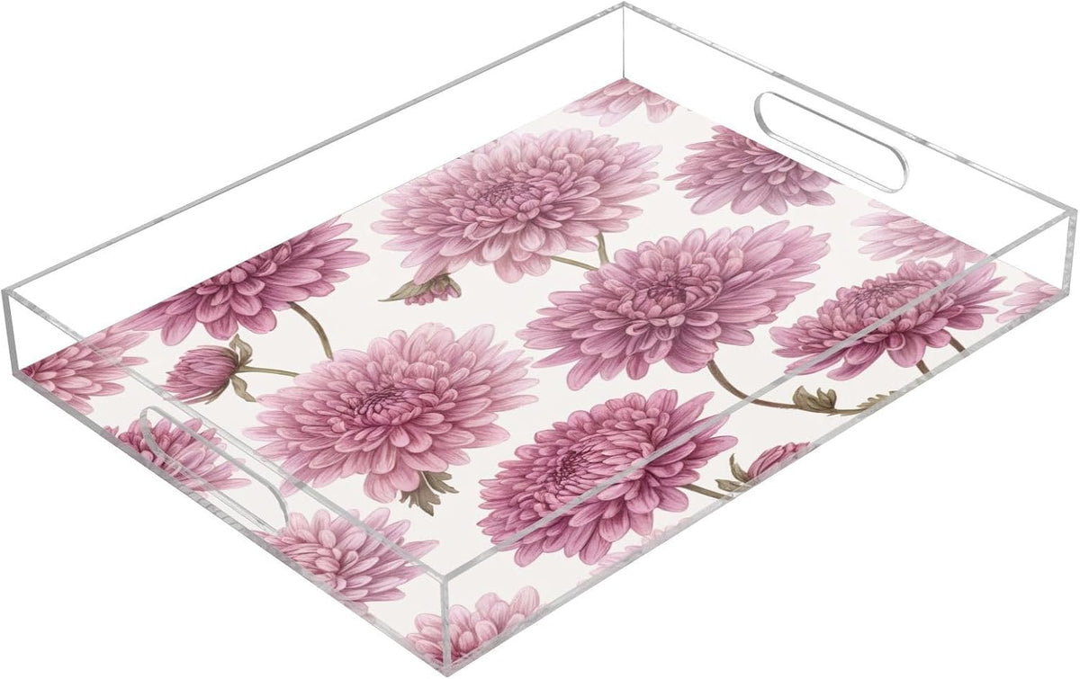 Pink Blossom Flowers Serving Tray 12" x 16" Acrylic Trays with Handles Decorative Serving Platter for Coffee, Breakfast in Bed, Dinner, Appetizers, Patio, Party