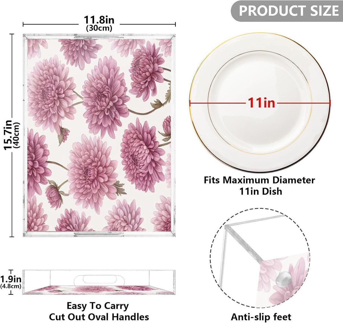 Pink Blossom Flowers Serving Tray 12" x 16" Acrylic Trays with Handles Decorative Serving Platter for Coffee, Breakfast in Bed, Dinner, Appetizers, Patio, Party