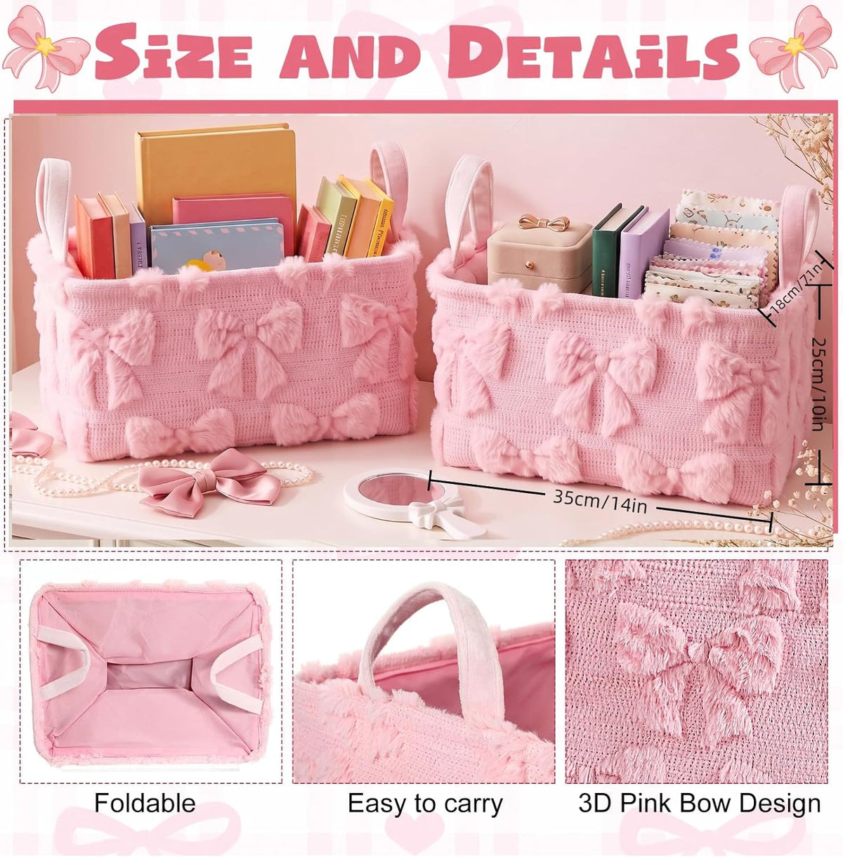 2 Pcs Pink Bow Storage Basket 14x10'' Back to School Gift Baskets