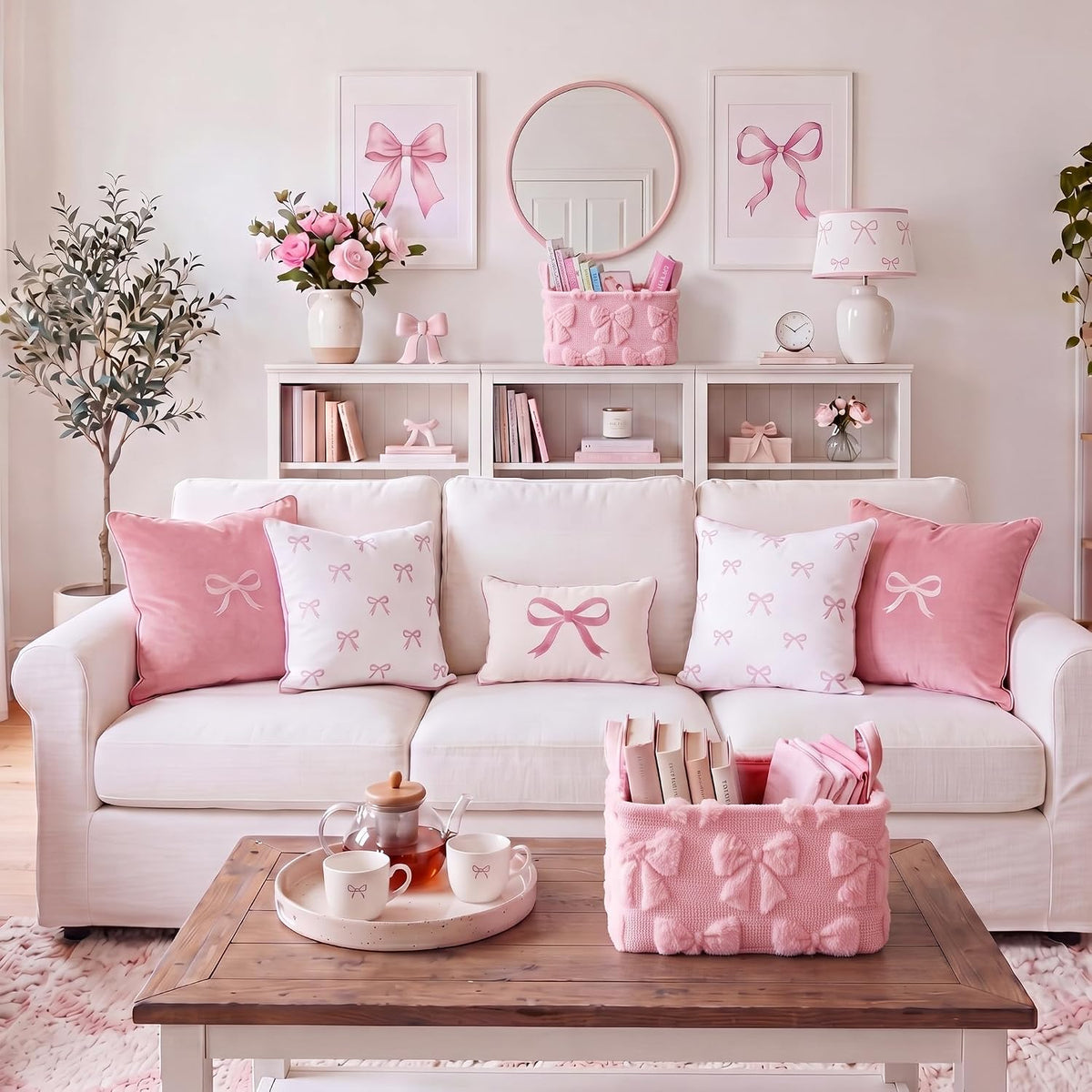 2 Pcs Pink Bow Storage Basket 14x10'' Back to School Gift Baskets