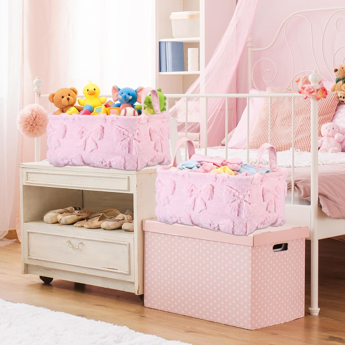 2 Pcs Pink Bow Storage Basket 14x10'' Back to School Gift Baskets