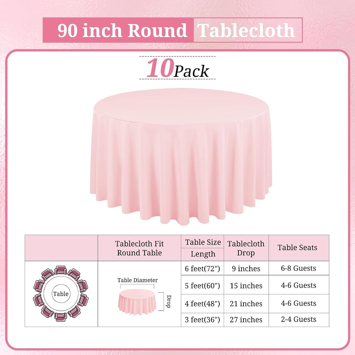 10 Packs 90 Inch Pink Round Polyester Tablecloths