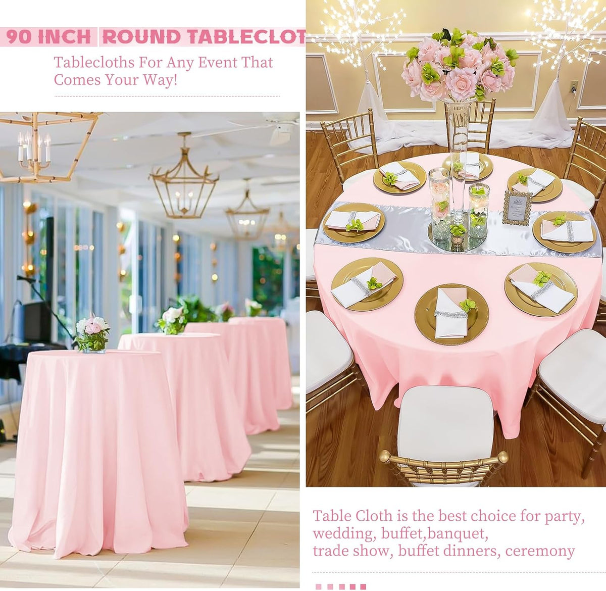 10 Packs 90 Inch Pink Round Polyester Tablecloths