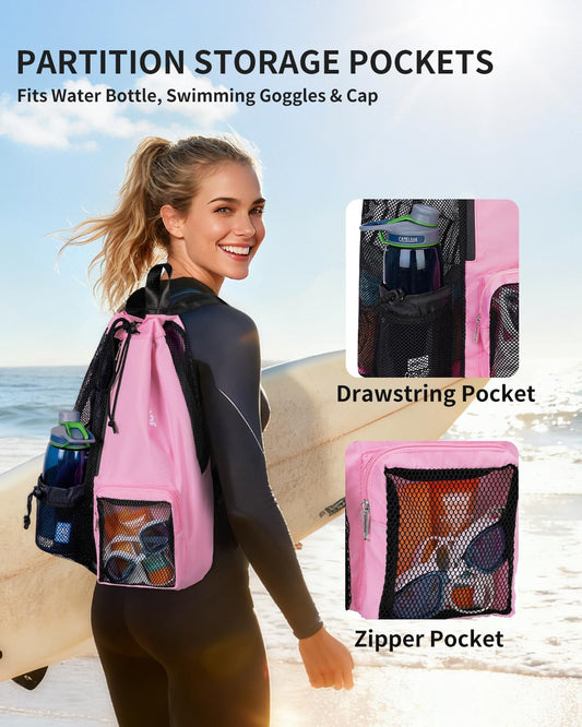 Mesh Swim Bag, Drawstring Beach Backpack