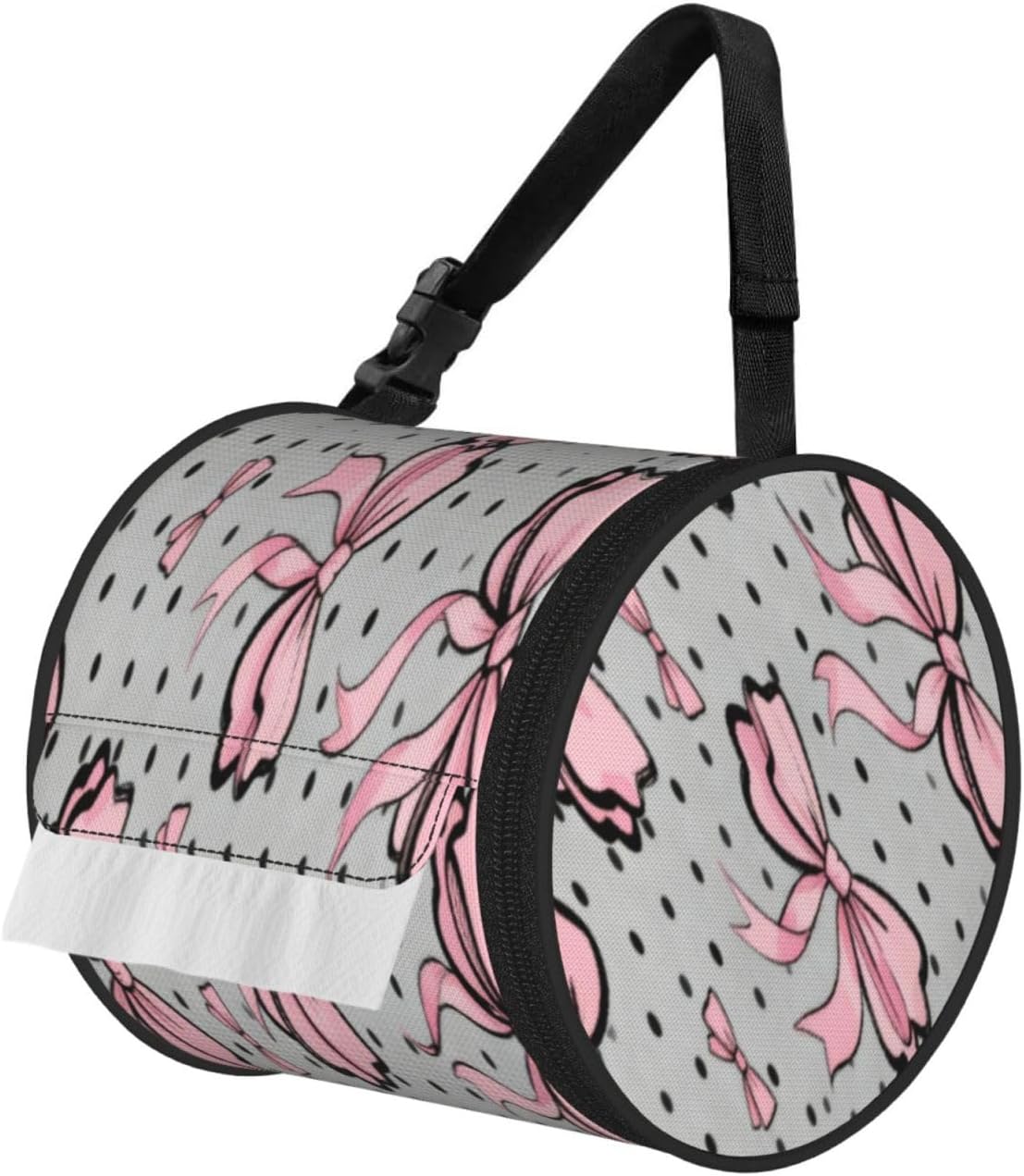 Round Tissue Holder Bag Car Hanging Tissue Boxes Cover with Adjustable Strap Foldable Roll Storage Bags with Zipper Tissues Case Organizer for Home Decor Toilet Office(Polka Dot Pink Bow Pattern)