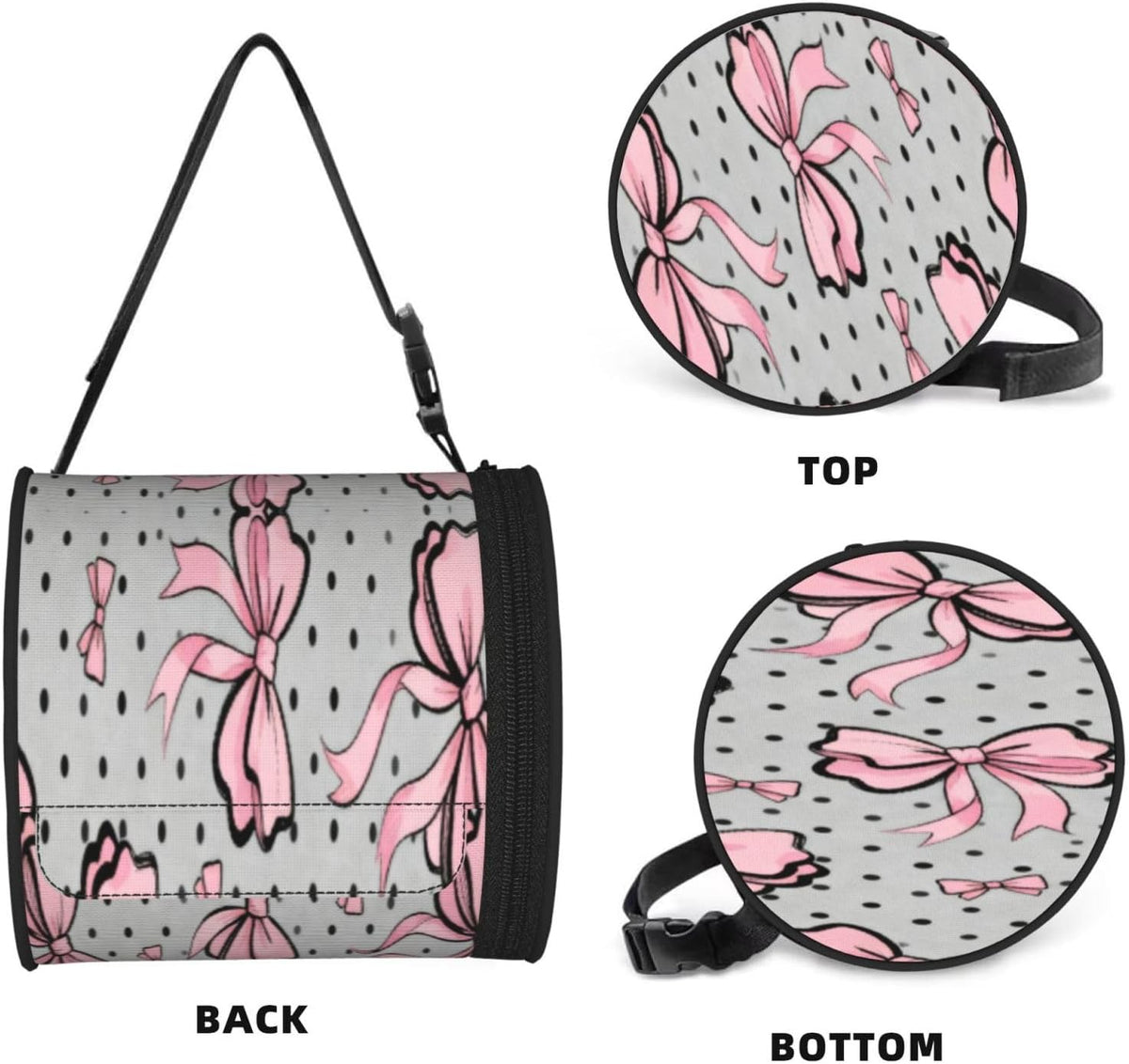 Round Tissue Holder Bag Car Hanging Tissue Boxes Cover with Adjustable Strap Foldable Roll Storage Bags with Zipper Tissues Case Organizer for Home Decor Toilet Office(Polka Dot Pink Bow Pattern)