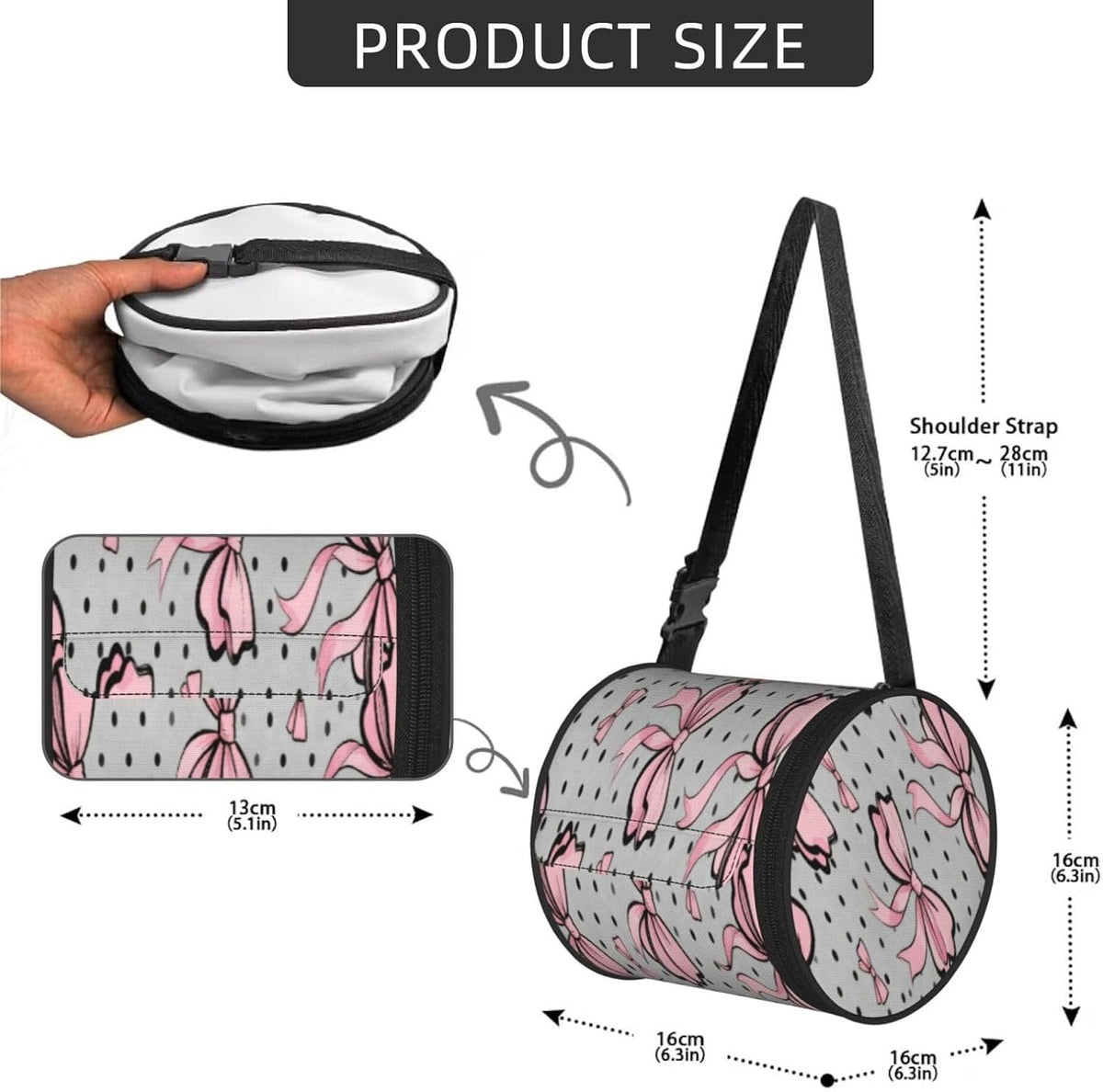Round Tissue Holder Bag Car Hanging Tissue Boxes Cover with Adjustable Strap Foldable Roll Storage Bags with Zipper Tissues Case Organizer for Home Decor Toilet Office(Polka Dot Pink Bow Pattern)