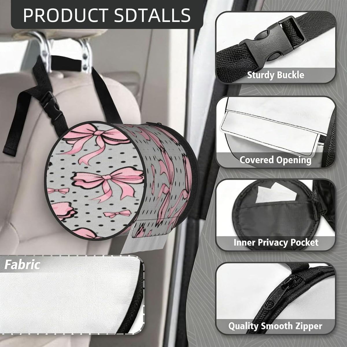 Round Tissue Holder Bag Car Hanging Tissue Boxes Cover with Adjustable Strap Foldable Roll Storage Bags with Zipper Tissues Case Organizer for Home Decor Toilet Office(Polka Dot Pink Bow Pattern)
