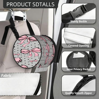 Round Tissue Holder Bag Car Hanging Tissue Boxes Cover with Adjustable Strap Foldable Roll Storage Bags with Zipper Tissues Case Organizer for Home Decor Toilet Office(Polka Dot Pink Bow Pattern)