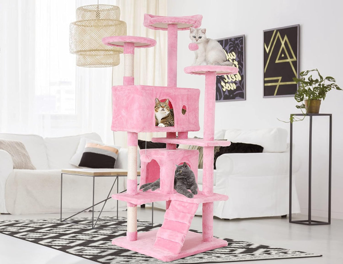 54'' Tall Cat Tree for Indoor Cats, Multi-Level Furniture with 3 Scratching Post, Stand Platform and 2 Condo, Tower Funny Toys, Corner Towers Large Pink