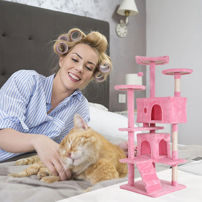 54'' Tall Cat Tree for Indoor Cats, Multi-Level Furniture with 3 Scratching Post, Stand Platform and 2 Condo, Tower Funny Toys, Corner Towers Large Pink